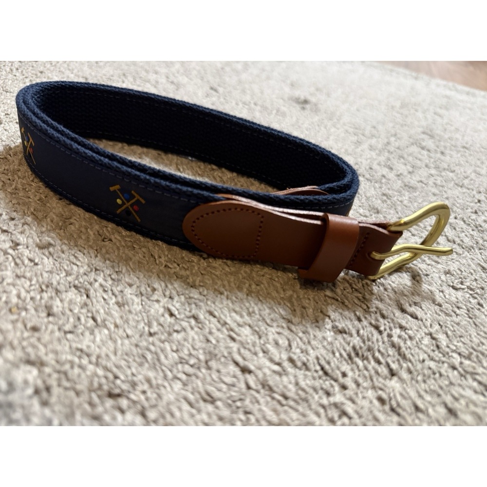 J. Press Croquet Motif Belt Navy Leather Brass Buckle Men's Size 38 Preppy Ivy